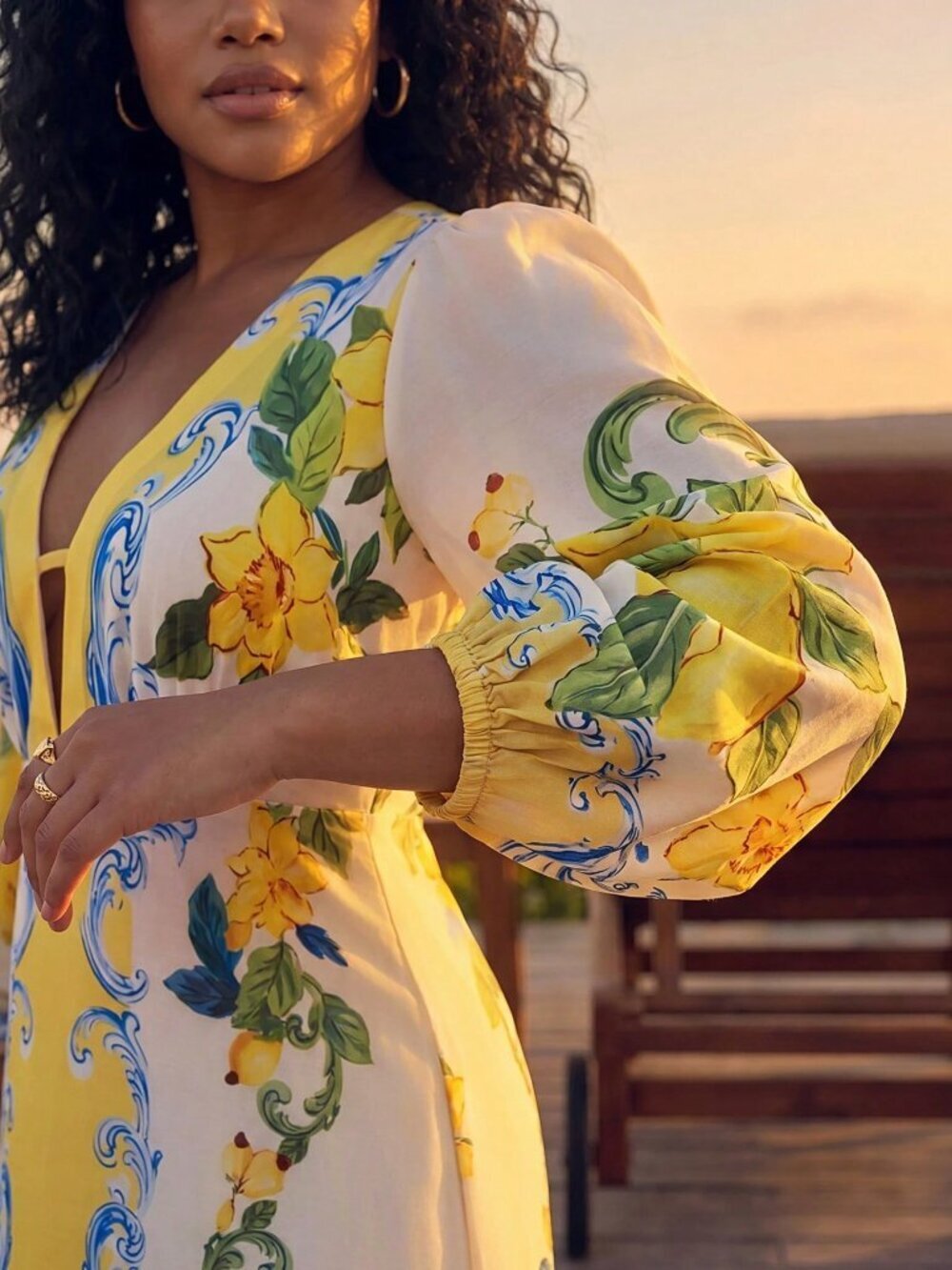 Yellow Boho Women's Plus Size Floral Print Deep V-Neck Lantern Sleeve Dress